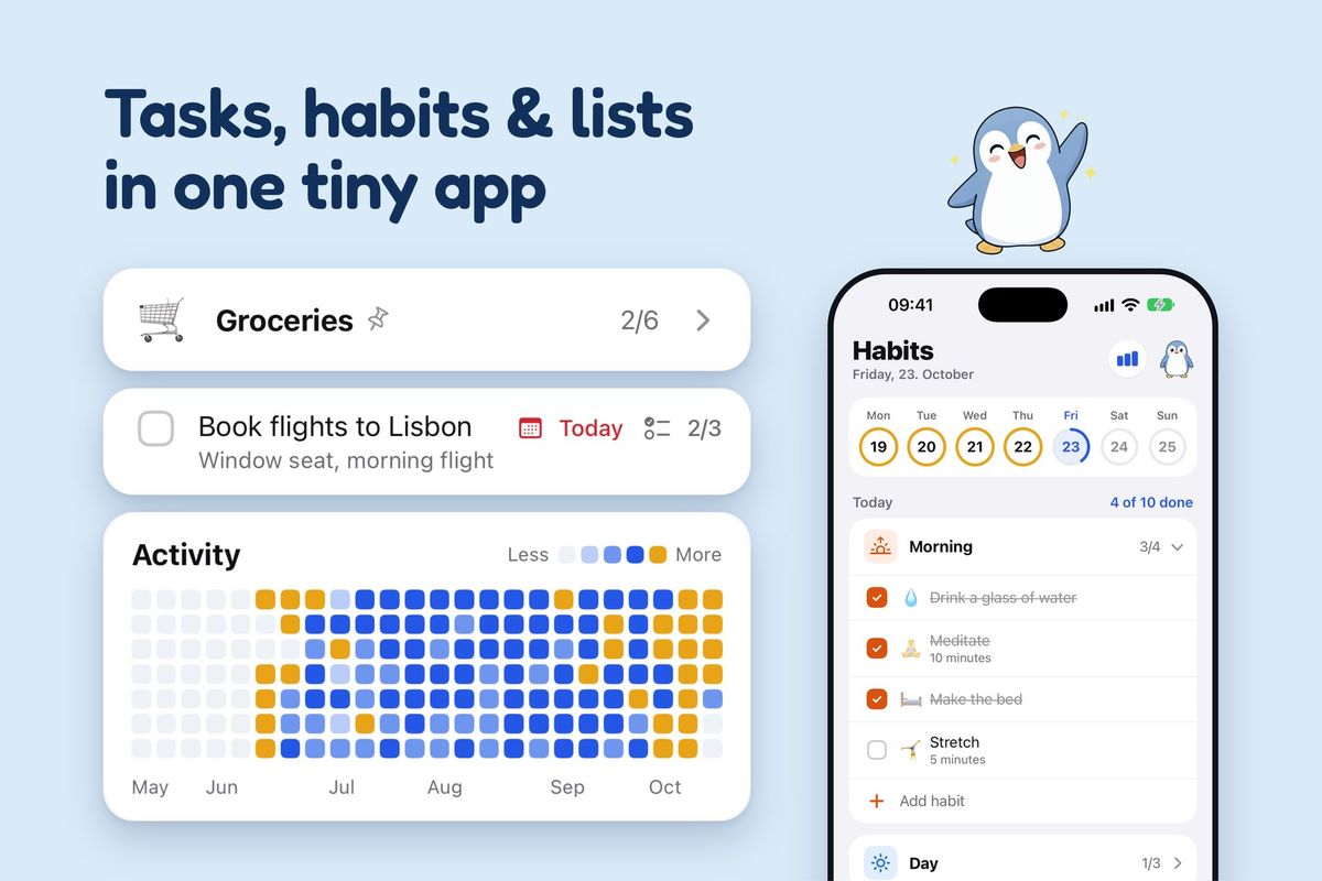 Tasks, habits and lists in one tiny app. Tick's groceries list, a task, the activity calendar and the Habits screen.